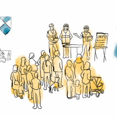 Tecknade illustrationer med skuggor av gult och blått. En grupp människor samlas vid ett informationstält med uniformerad personal, medan en person bär föremål in i ett museum och en staty står med sandsäckar intill.