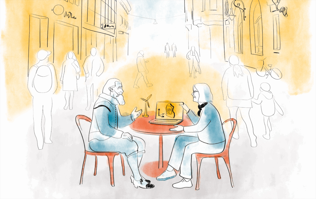 En illustration i gult, blått och rött med en man och kvinna som sitter mittemot varandra vid ett bord som står i gatumiljö.