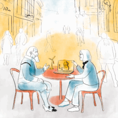 En illustration i gult, blått och rött med en man och kvinna som sitter mittemot varandra vid ett bord som står i gatumiljö.