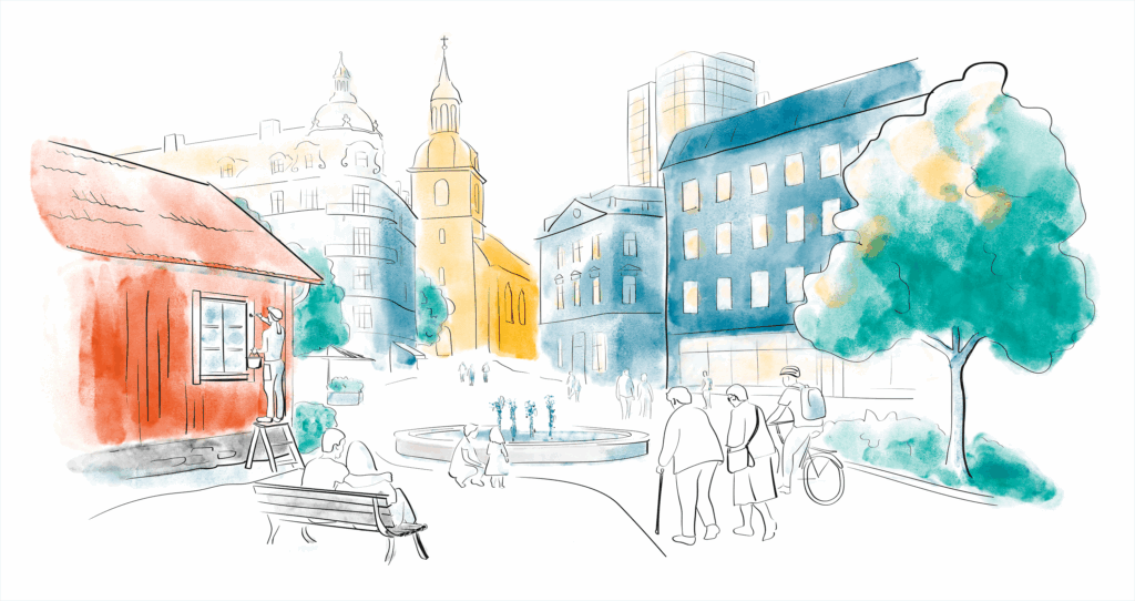 Illustration. Stadsmiljö med varierad bebyggelse och människor som rör sig i miljön.