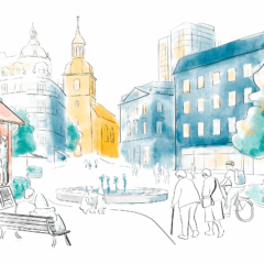 Illustration. Stadsmiljö med varierad bebyggelse och människor som rör sig i miljön.