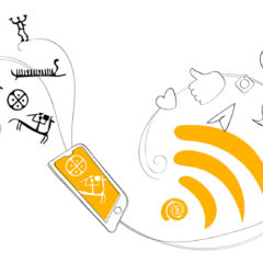En illustration i vitt, gult och svart med hällristningsfigurer, mobiltelefon och sociala mediekoner.