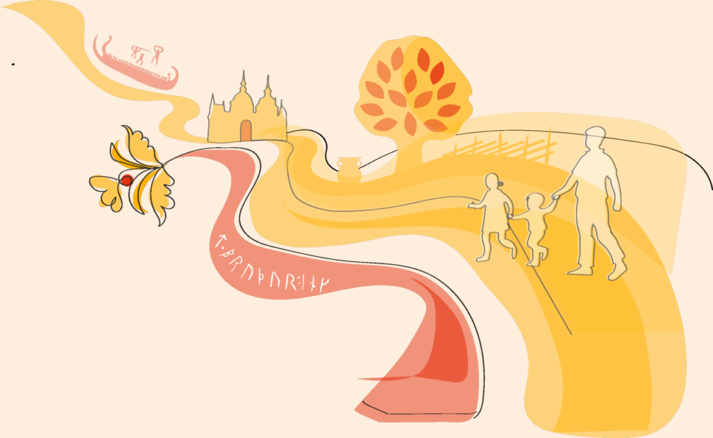 En abstrakt illustration av en familj som går på en väg omgivna av landskap och kulturmiljö.