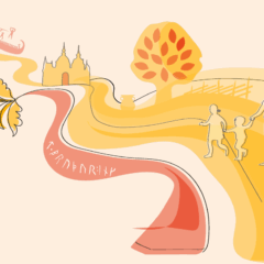 En abstrakt illustration av en familj som går på en väg omgivna av landskap och kulturmiljö.