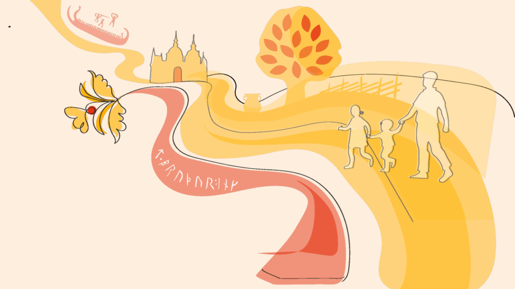 En abstrakt illustration av en familj som går på en väg omgivna av landskap och kulturmiljö.