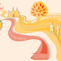 En abstrakt illustration av en familj som går på en väg omgivna av landskap och kulturmiljö.