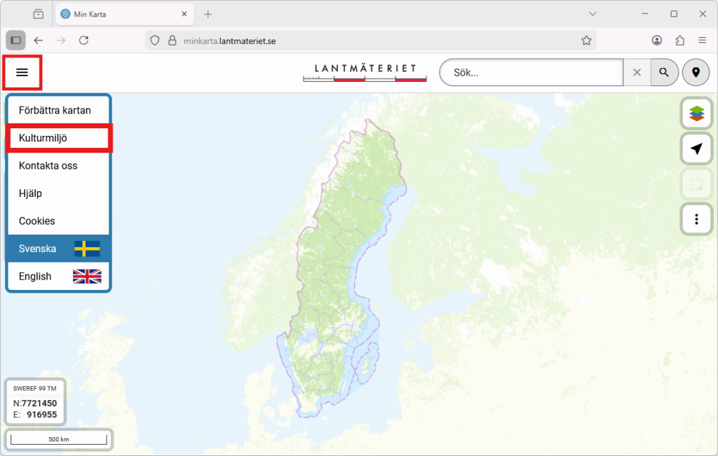 Sverigekarta med en ruta upp till vänster som visar ingång till kulturmiljöinformation i Min karta.