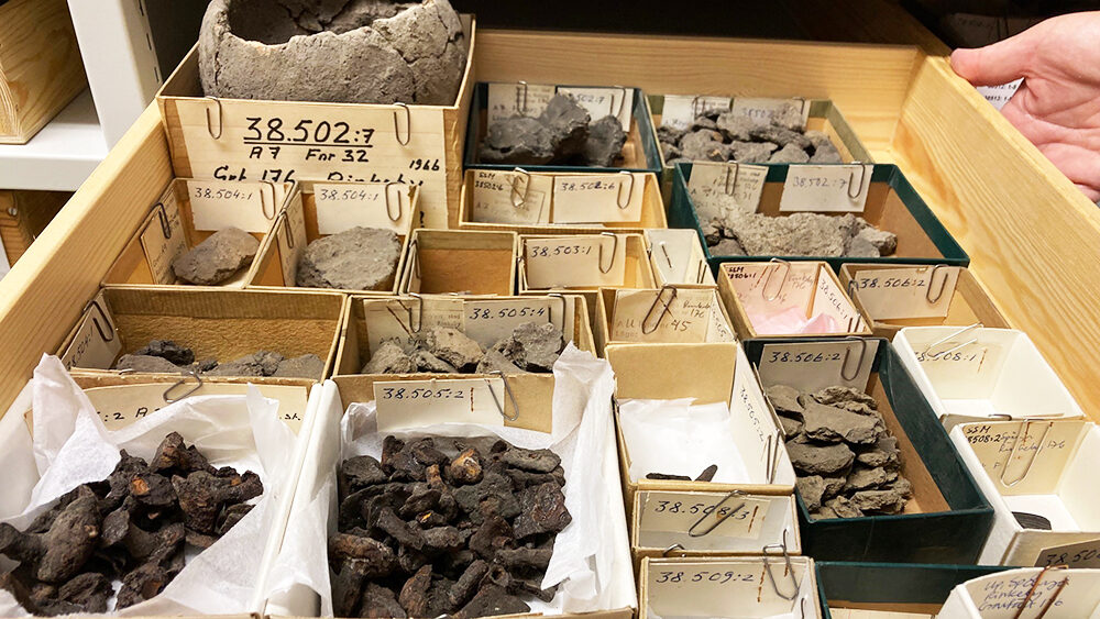 Arkeologiska fynd i pappaskar i en låda.