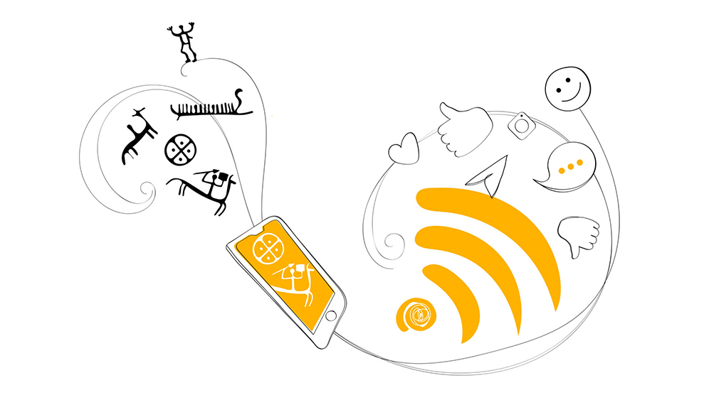 En illustration i vitt, gult och svart med hällristningsfigurer, mobiltelefon och sociala mediekoner.