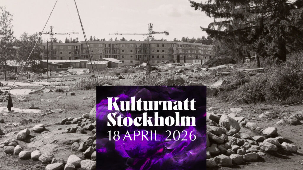 Ett stort stenröse i förgrunden. I bakgrunden syns nästan färdigbyggda flerfamiljshus, byggkranar och baracker.