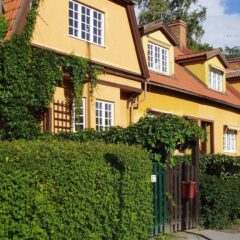 Gula radhus med vita fönster och röda tegeltak längs en solig gata, omgivna av gröna häckar och klängväxter.