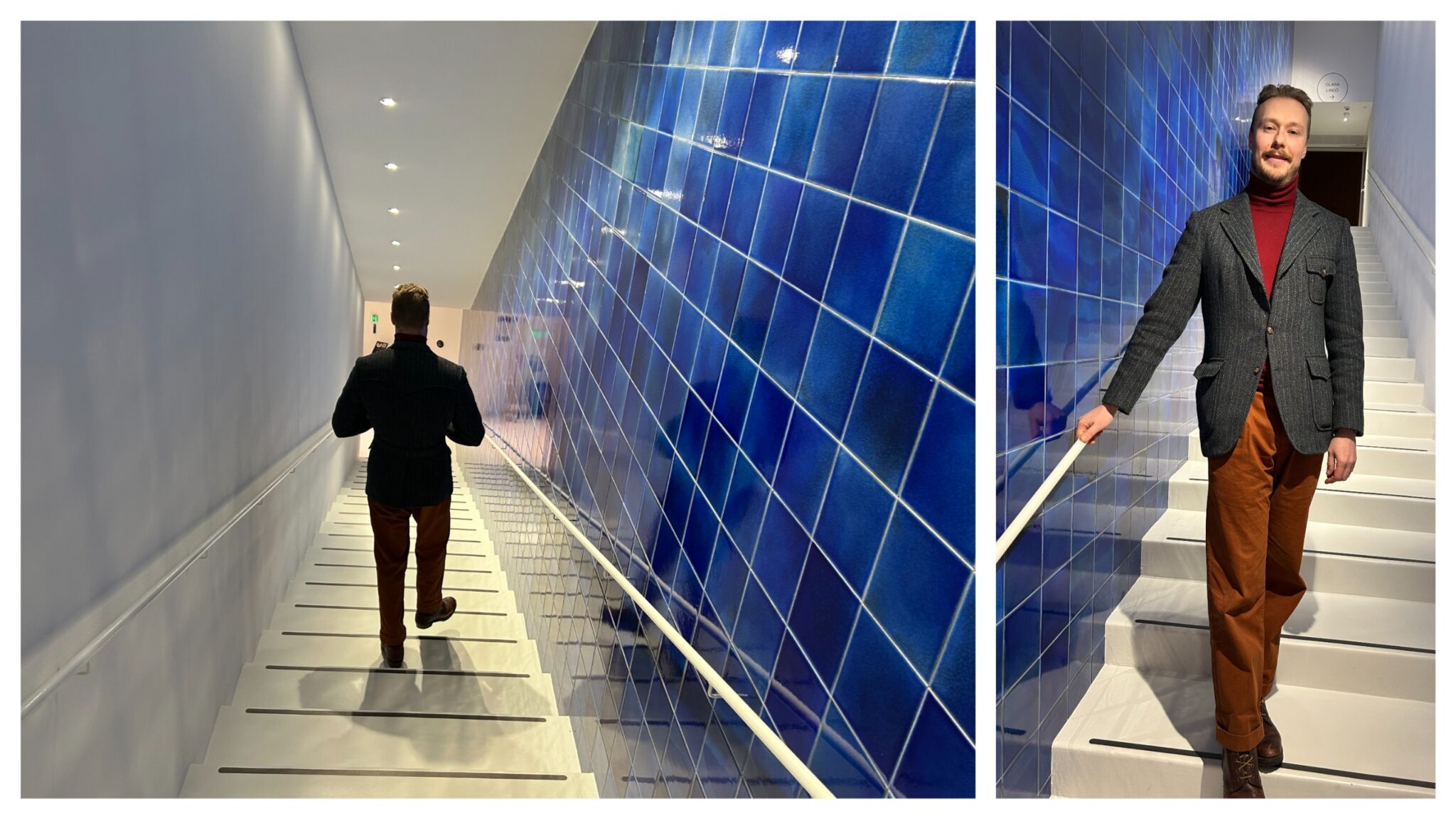 Två bilder föreställande pen mansperson som går nedför en trappa bredvid en blå kakelvägg