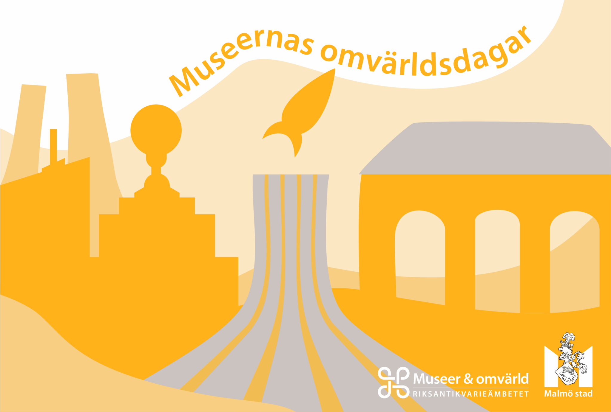 En illustration i gula toner, med texten "Museernas omvärldsdagar". I nedre högra hörnet Riksantikvarieämbetets och Malmö stads logotyper.
