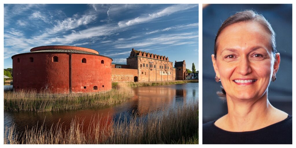 Kollage med bild på slott med vallgrav samt porträtt på kvinna