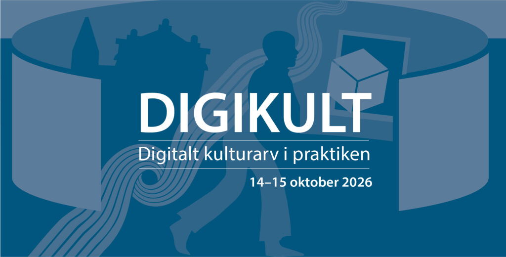 Blå illustration med vit text för konferensen Digikult 2026.
