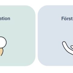 Illustration med symboliska bilder som handlar om att uppfatta och förstå information: två personer som har en nyckel till ett nyckelhål samt ett par händer som omsluter en tänd glödlampa