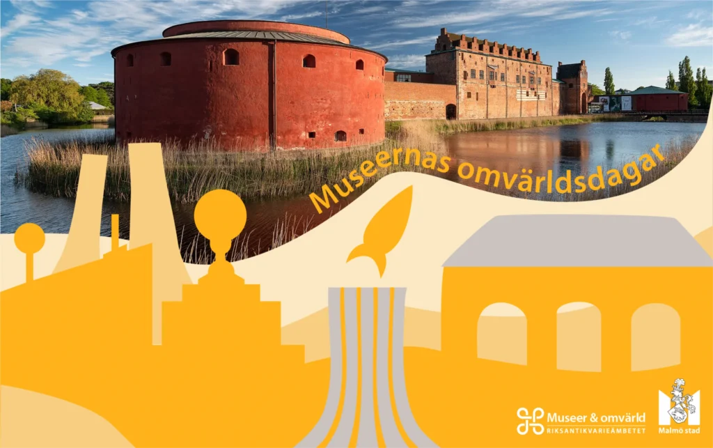 Foto föreställande Malmöhus och gul grafik med texten Museernas omvärldsdagar.