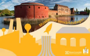 Foto föreställande Malmöhus och gul grafik med texten Museernas omvärldsdagar.