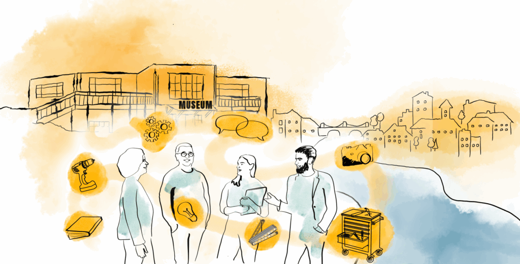 Tecknad bild där fyra personer står framför ett museum och diskuterar kreativa idéer med en dator, en kamera, tumstock och andra tillbehör för utställningar.