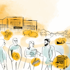 Tecknad bild där fyra personer står framför ett museum och diskuterar kreativa idéer med en dator, en kamera, tumstock och andra tillbehör för utställningar.