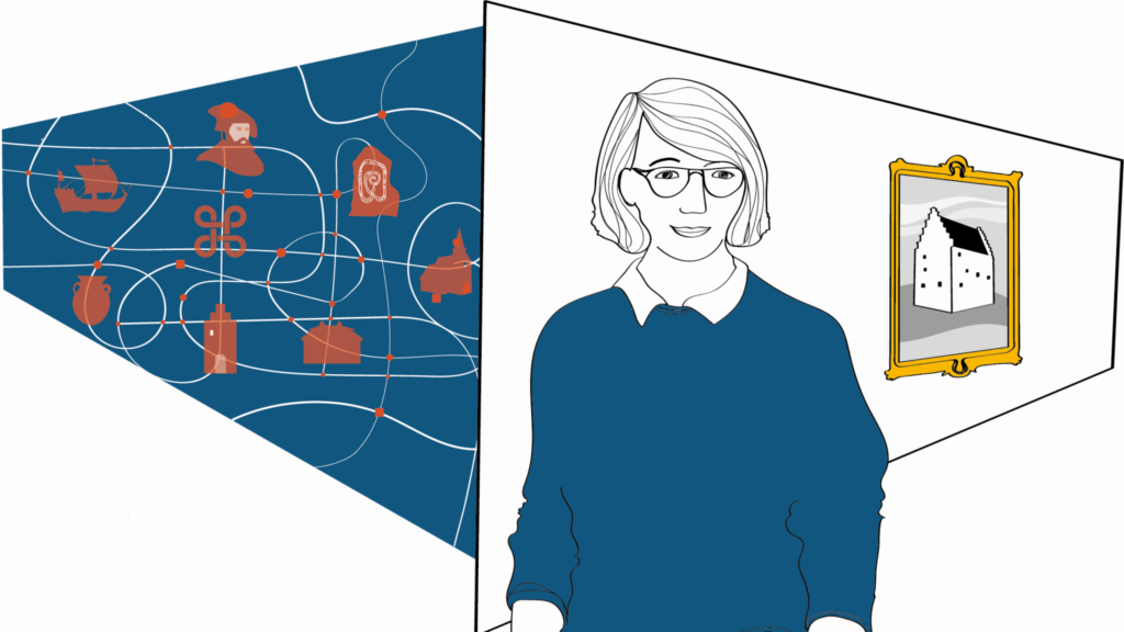 Illustration av en kvinna som står framför skärmväggar med bilder av olika kulturarv.