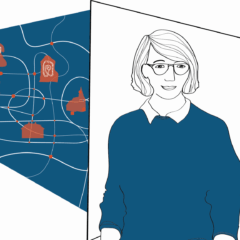 Illustration av en kvinna som står framför skärmväggar med bilder av olika kulturarv.