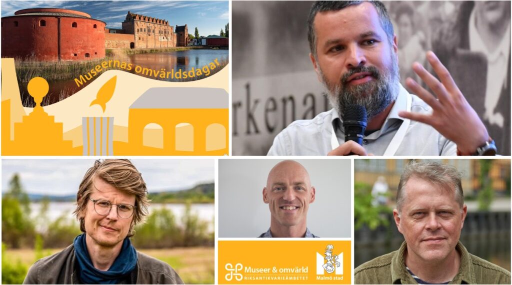 Kollage med porträttfoton på fyra män, texten Museernas omvärldsdagar med gul grafik samt Riksantikvarieämbetets och Malmö stads logotyper.
