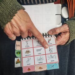 Händer som pekar på papper med illustrationer.