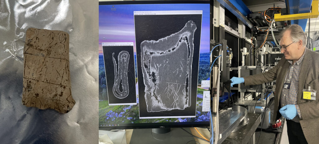 Kollage med bilder; ett litet ristad föremål, röntgenbilder som visar dess inre struktur och en laboratoriemiljö där föremålet analyseras i en teknisk utrustning.