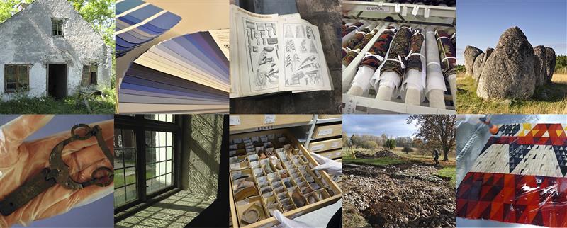 Kollage av foton med exempel på olika kulturföremål och kulturmiljöer; tygväv, fornfynd, fönster, husfasad, skeppsättning, stenröse och gamla skrifter.