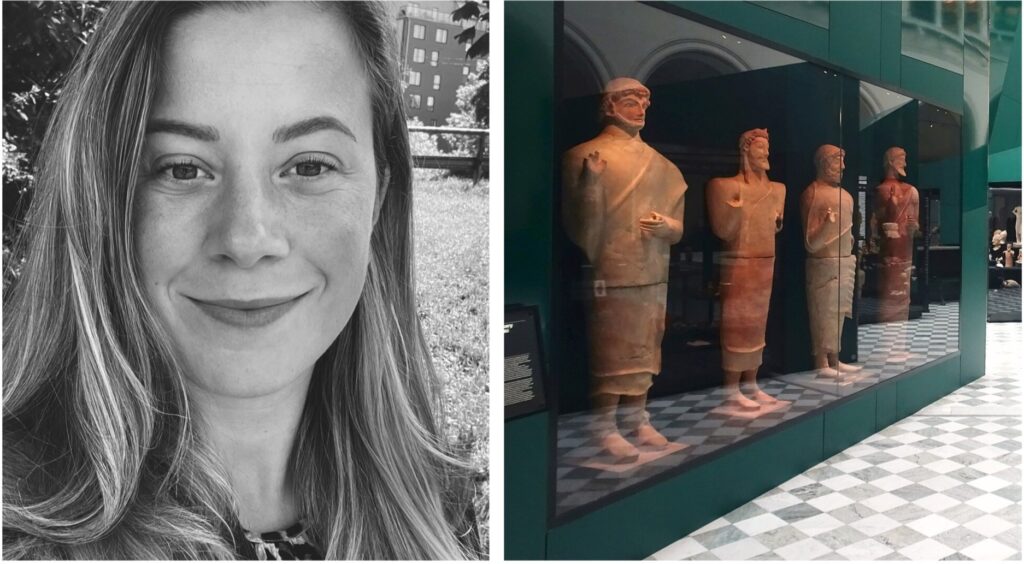 Tvådelat foto: Till vänster svartvitt porträttfoto föreställande ung kvinna med långt hår; till höger utställningsmonter med statyer, svartvitrutigt golv.