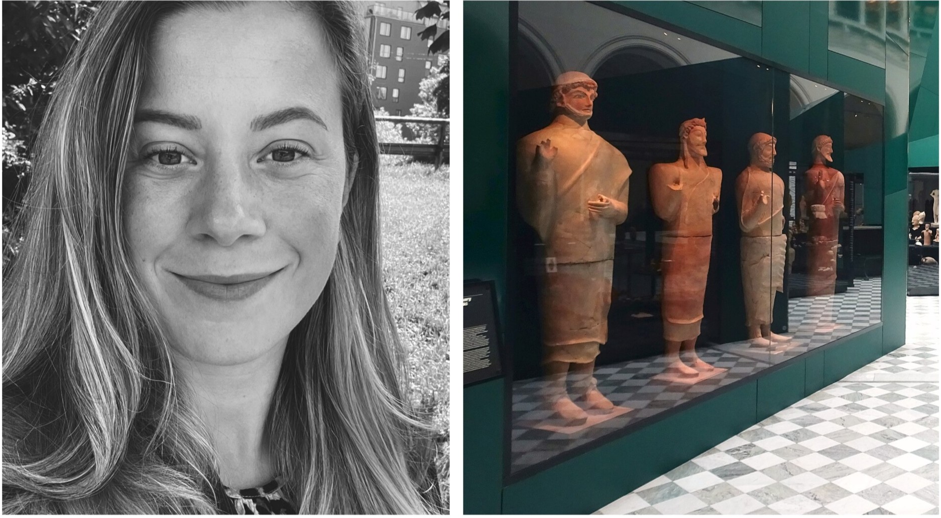 Tvådelat foto: Till vänster svartvitt porträttfoto föreställande ung kvinna med långt hår; till höger utställningsmonter med statyer, svartvitrutigt golv.