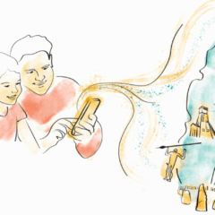 Färglagd illustration av två kvinnor och en man med mobiltelefon. Ut mobilen "strömmar" en Sverigekarta med olika kulturarv inritade.