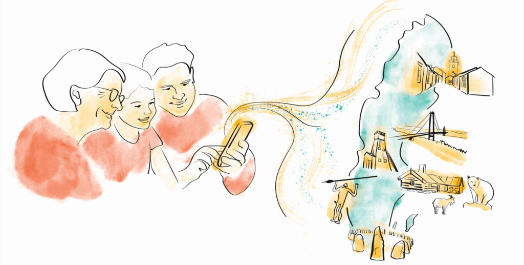 kvinna och man med mobiltelefon och Sverigekarta.