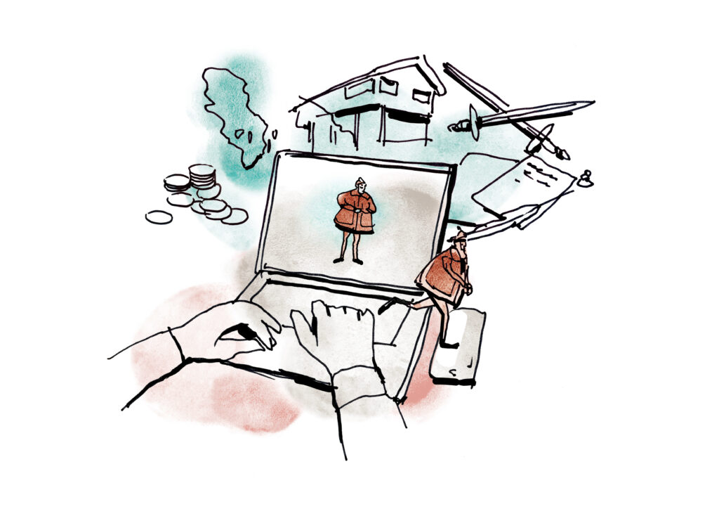 Wn illustration i grönt och brunt med en bärbar dator, ett hus, en figur