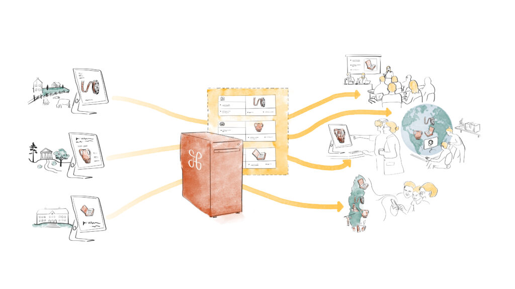 Illustration med röd dator och blå illustrationer av människor och museiföremål