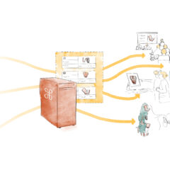 Illustration med röd dator och blå illustrationer av människor och museiföremål