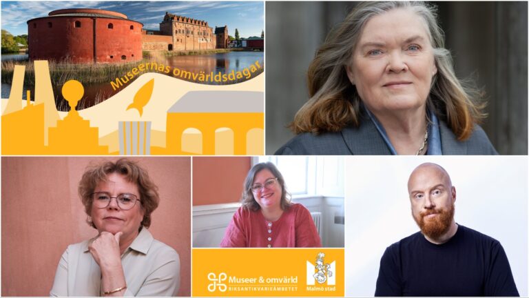 Kollage med fyra porträttfoton, en bild på Malmöhus med texten "Museernas omvärldsdagar" samt Riksantikvarieämbetets och Malmö stads logotyper.