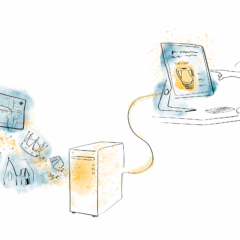 Illustration i blått och gult med museiföremål och arkivhandlingar, datorer och människor