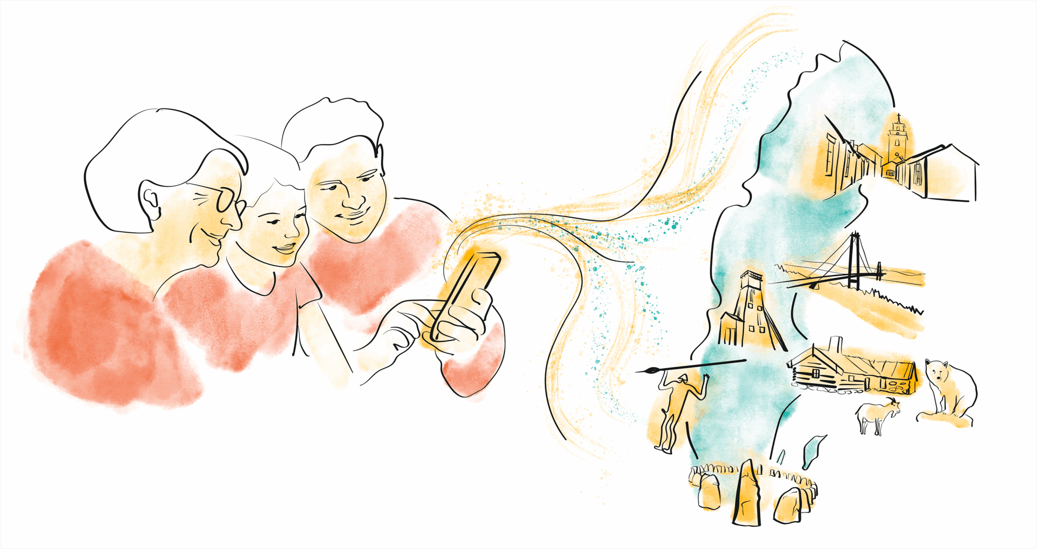 En illustration med tre personer i rött som tittar på en telefon som det strömmer en grön blå sverigekarta ur