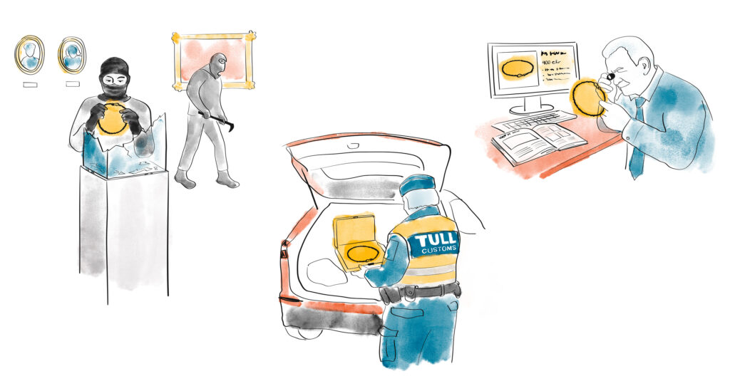 Illustration med en tulltjänsteman som kollar i en bil, en man som dolt ansiktet med en mask och en med kofot i handen. En annan man kollar ett dokument med förstoringsglas.