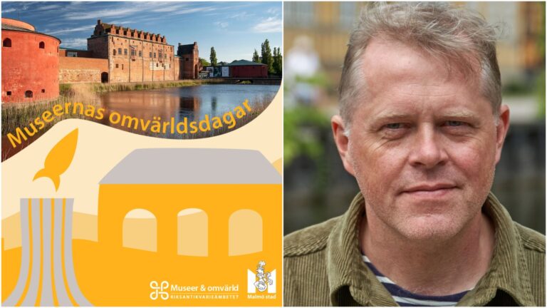 Tvådelat foto: Till vänster kollage med texten Museernas omvärldsdagar; till höger porträttfoto på man.