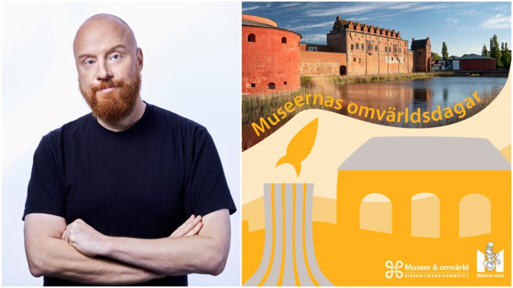 Tvådelad bild: till vänster foto på man med armarna i kors; till höger grafik med texten Museernas omvärldsdagar.