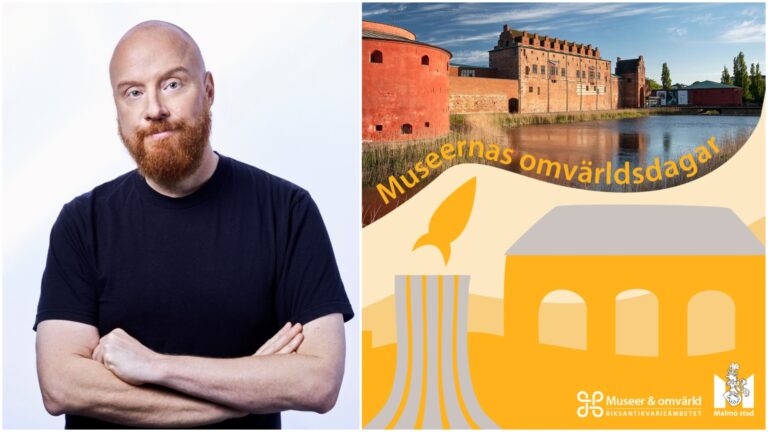 Tvådelad bild: till vänster foto på man med armarna i kors; till höger grafik med texten Museernas omvärldsdagar.