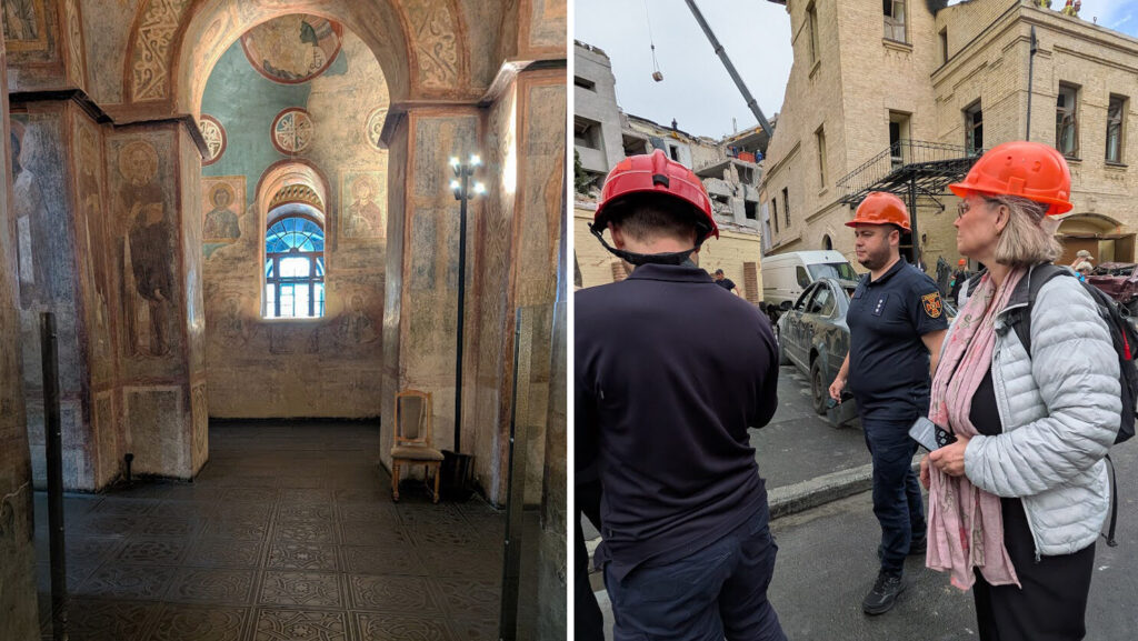 Interiör av kyrkorum med målade väggar, valvbåge, fönster och ornamenterat golv. Bild 2 (höger): Personer med skyddshjälmar står vid byggnad efter skada, och fordon i bakgrunden.