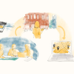 Illustration av arbetsprocess där kartinformation samlas in, analyseras av en person i stadsmiljö och diskuteras i grupp, för att sedan visualiseras digitalt på en karta.