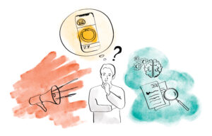 Illustration som visar funderande människa som utsätts för budskap via megafon, telefon och anteckningar,