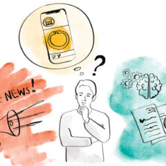 Illustration med en tänkande person omgiven av mobiltelefon, förstoringsglas och en megafon som sprider falska nyheter.