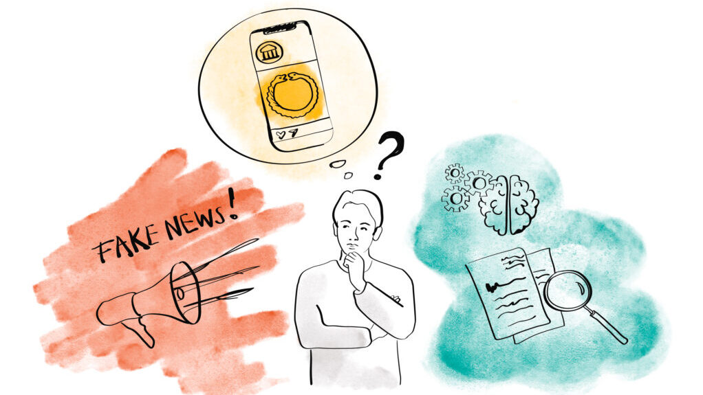 Illustration med en tänkande person omgiven av mobiltelefon, förstoringsglas och en megafon som sprider falska nyheter.