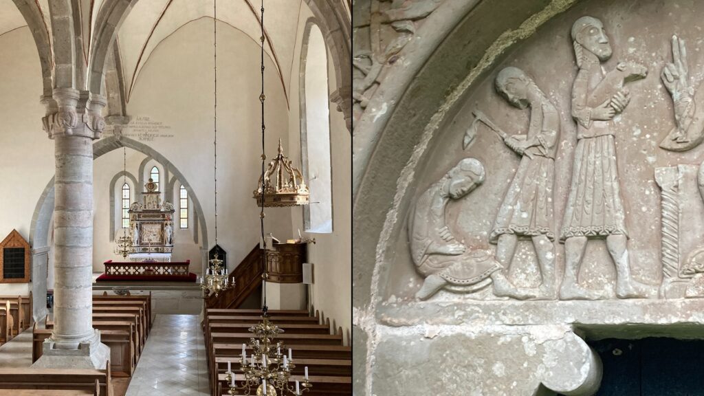 En liggande bild med två motiv. Den ena är en interiör från Hablingbo kyrka. Det andra visar kyrkans nordportal med uthuggna figurer i relief